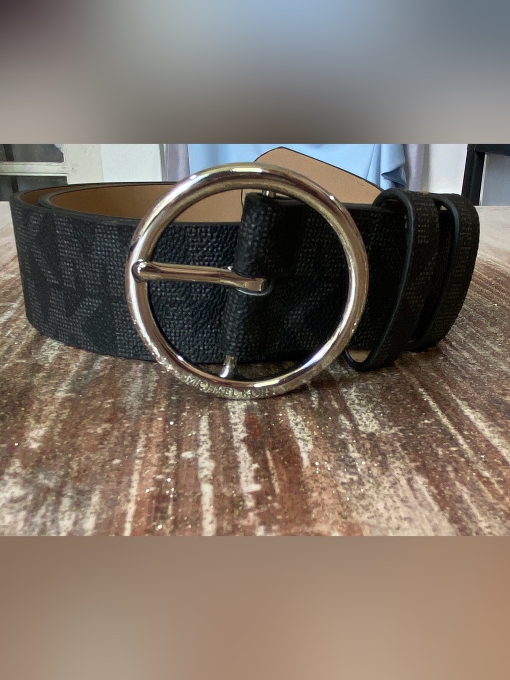 Michael Kors Black Logo Belt | Silver Circle Buckle | Size Small